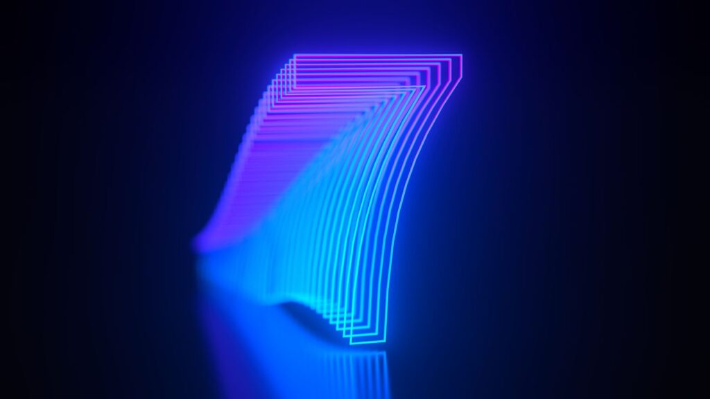 Neon numeric number 7 seven glowing metaverse modern trendy style