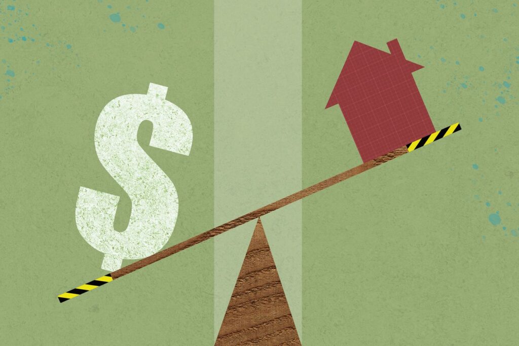 A house and a dollar symbol on a seesaw