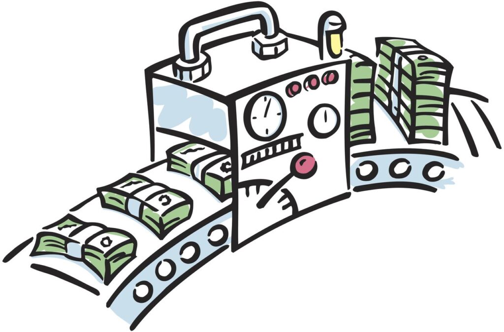 Machine making small stacks of currency into larger stacks Color