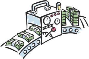 Machine making small stacks of currency into larger stacks Color