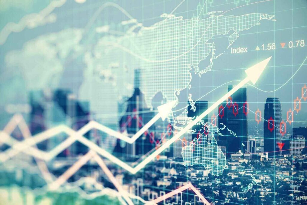 Double-explosure-with-businesss-charts-and-financial-district-of-megapolis-city