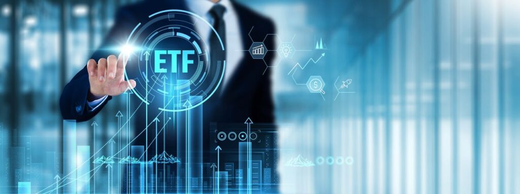ETF: Businessman touch ETF analyzing graph performance, diversification, liquidity, risk assessment, investment strategy, market trends, cost efficiency, portfolio management.