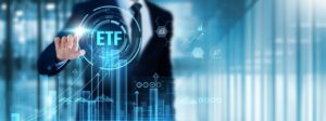 ETF: Businessman touch ETF analyzing graph performance, diversification, liquidity, risk assessment, investment strategy, market trends, cost efficiency, portfolio management.