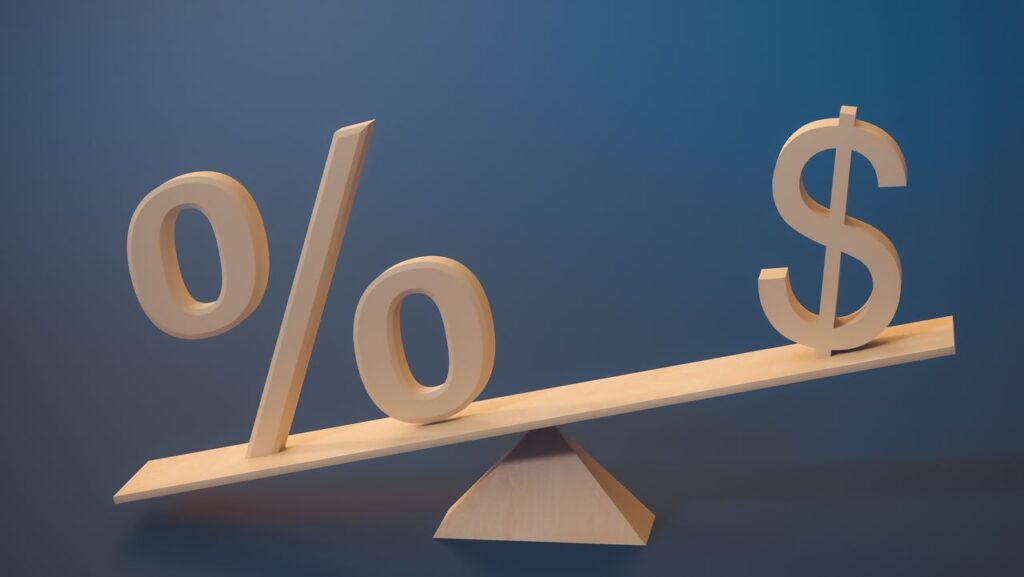 Percent sign on the swing outweighs the dollar symbol. 3D rendering. Finance concept
